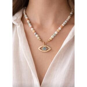 Semi Preious Stone Necklace With Gold Evil Eye Pendent New